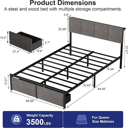 J.Fkne Queen Bed Frame with Charging Station and LED Lights, Metal Platform Bed with 2 Storage Drawers, Upholstered Headboard, Noise Free, No Box Spring Needed, Easy Assembly