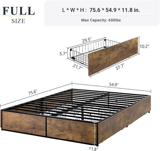 Allewie Industrial Storage Bed with Drawers, Wooden Metal Platform, Sturdy & Noise-Free, Modern Full Size for Bedroom & Apartment
