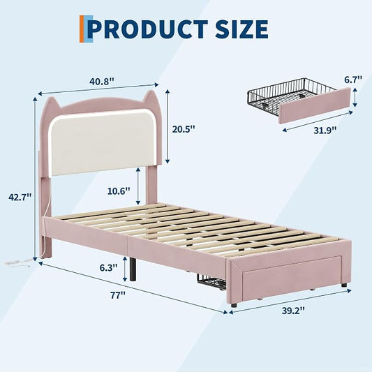 Garvee Twin Upholstered LED Bed Frame with Storage Drawer & Cute Cat Headboard, Velvet Princess Platform Bed Frame with Sturdy Wood Slats Support for Girls/Kids, No Box Spring Needed, Pink