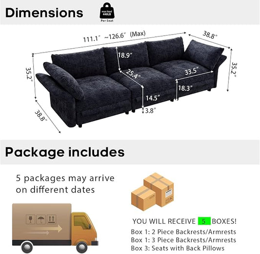 DreamDashio 126" Extra Large Modular Sectional Sofa Cloud Couch with Storage Seat for Living Room with Adjustable Arms, High Back, 3 Seater, 5 Arms & 5 Pillows, Dark Grey Chenille