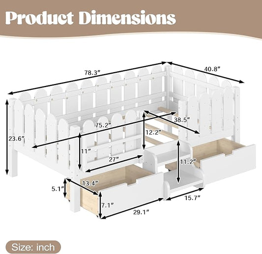 Bellemave Twin Kids Montessori Bed with Stairs, Bookshelf and LED Lights, Solid Wood Kids Bed Frame with Storage Drawers for Boys Girls, Low Profile,White