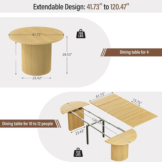 weselon 42"-120" Extendable Dining Table for 4-14, Expandable Oval Dining Room Table with Fluted Pedestal Base & Reinforced Metal Support Leg, Extra Large Modern Kitchen Table (Natural)