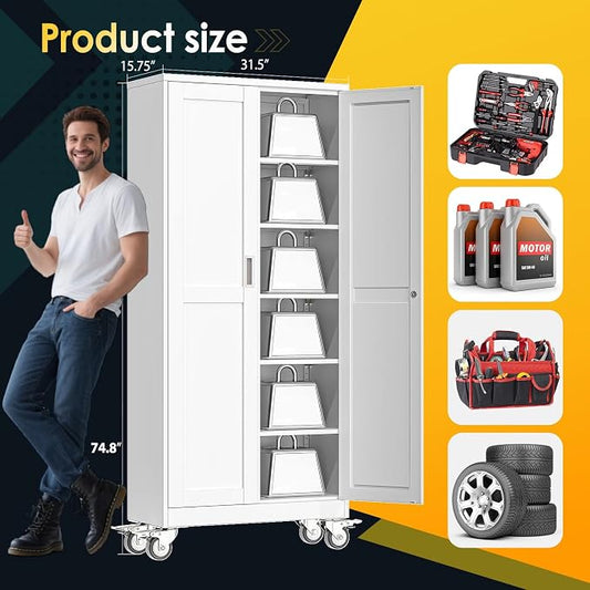 PAOFIN 75''H Metal Garage Storage Cabinet with Wheels,Steel File Cabinets with 2 Doors and 5 Adjustable Shelves for Home Office, Warehouse, Required Assembly,White
