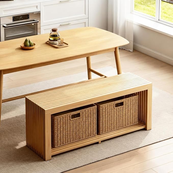 Bamboo Bench with Shelf, 35'' Entryway Bench Seat, Natural | Shoe Bench for Entryway, Hallway, Doorway, Modern Benches for End of Bed Bench, Low Bench for Window