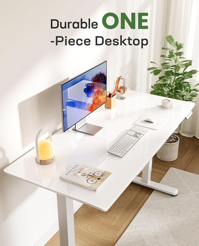 Marsail Glass Standing Desk with Drawer, 55 x 28 Inches Adjustable Desk, Home Office Desks with One-Piece Tempered Glass Top, Ergonomic Home Office Sit Stand Desk with 4 Preset Heights, White