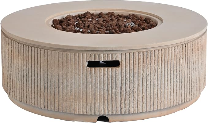 Merax 38.19'' MGO Propane Outdoor Fire Pit with Vertical Stripe Design, 50000 BTU Round Fire Pit Table with Steel Burner, Adjustable Flame Control, Lava Rocks & Rain Cover for Patio&Backyard, Brown