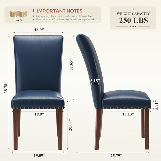 COLAMY Upholstered Parsons Dining Chairs Set of 4, PU Leather Dining Room Kitchen Side Chair with Nailhead Trim and Wood Legs - Blue