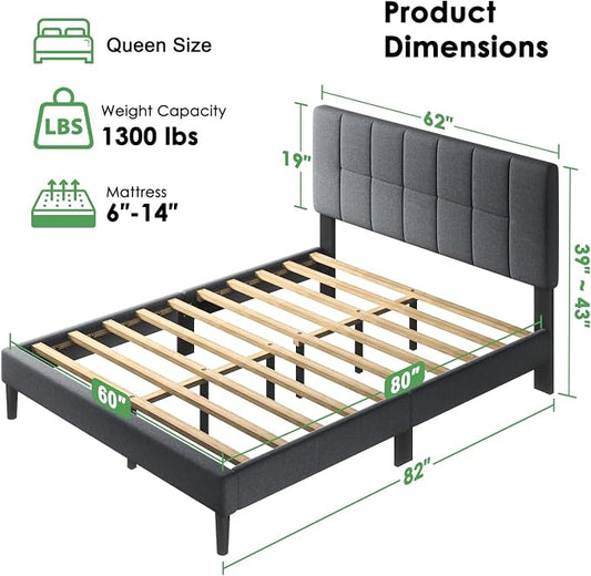 Marsail Queen Size Bed Frame, Sturdy and Durable with 12 Support Legs, 1300 lbs Capacity, Solid Wooden Upholstered Adjustable Headboard for 6"-12" Mattresses, Easy Assembly, Ideal Height, Dark Gray