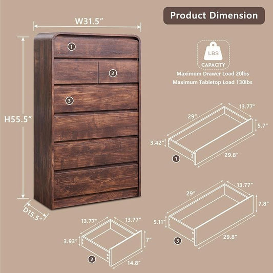 Aitjunz Modern 7 Drawers Dresser for Bedroom, 55" Tall Dressers & Chest of Drawers w/Curved Profile Design, Wood Mid Century Vertical Storage Dressers Organizer for Bedroom, Living Room, Brown