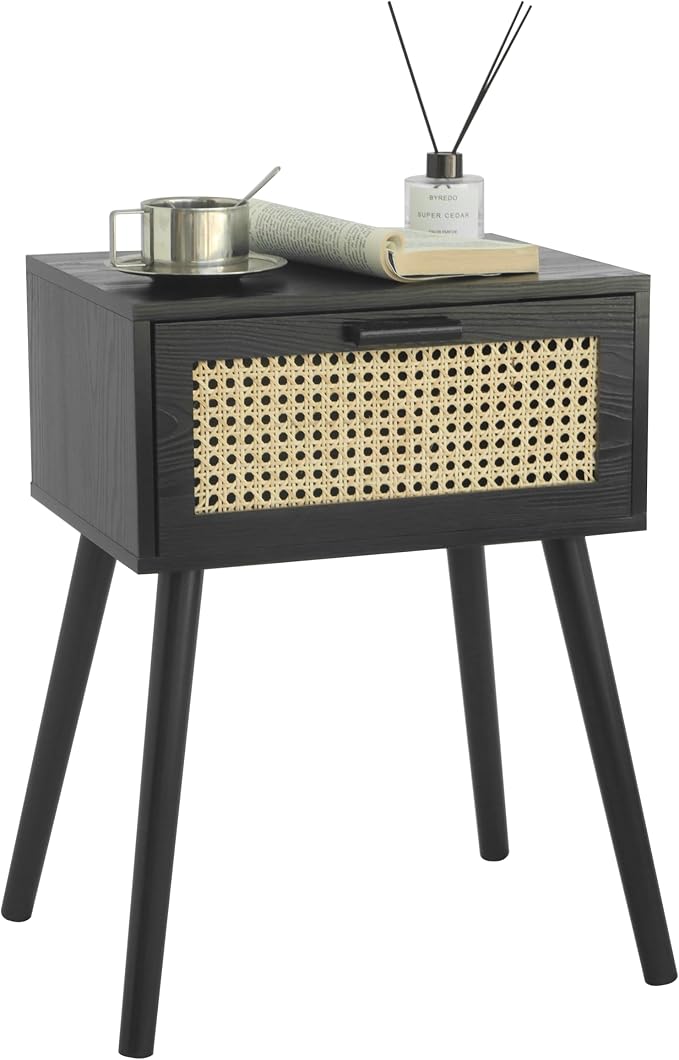 AWASEN Mid Century Modern Nightstand, Rattan Side Table with Drawer, Black Bedside Table with Storage and Solid Wood Legs for Living Room, Bedroom and Small Space (Black)