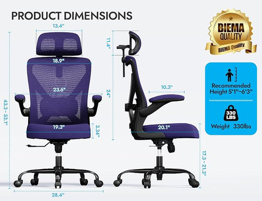 Office Chair - Ergonomic Office Chair with Back Support, Ergonomic Computer Chair - Home Office Desk Chairs, 330lbs Wide Seat Big and Tall Office Chairs with Headrest, Comfy Desk Chairs (Purple)