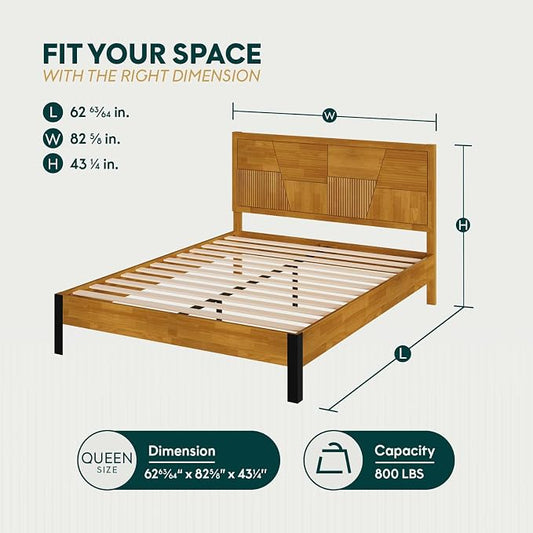 Bme Trapeze Queen Bed Frame – Modern Solid Wood Bed with Smooth Pattern Headboard, Black Metal Legs, Teak Brown Finish – Durable Queen Size Platform Bed for Contemporary Bedrooms