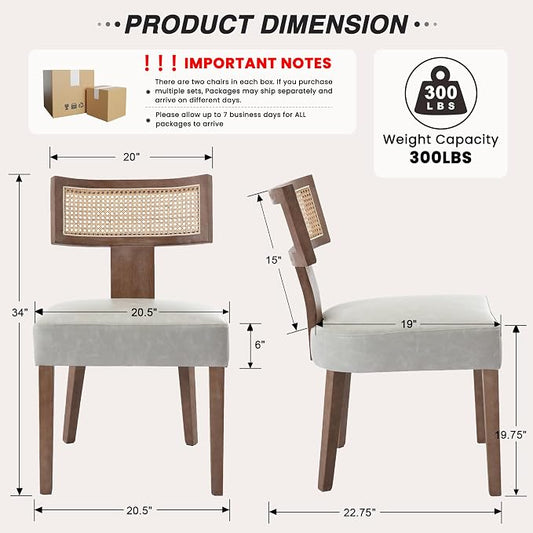 HNY Mid Century Modern Rattan Dining Chairs Set of 4, Farmhouse PU Leather Upholstered Accent Chair Curved Backrest Kitchen Chairs, with Hardwood Frame, Grey