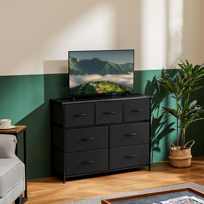 OLIXIS Dresser for Bedroom with 7 Fabric Drawers Storage Organizer Closet Chest Clothes Cabinet Vertical Dresser for Living Room Entryway Hallway,Black