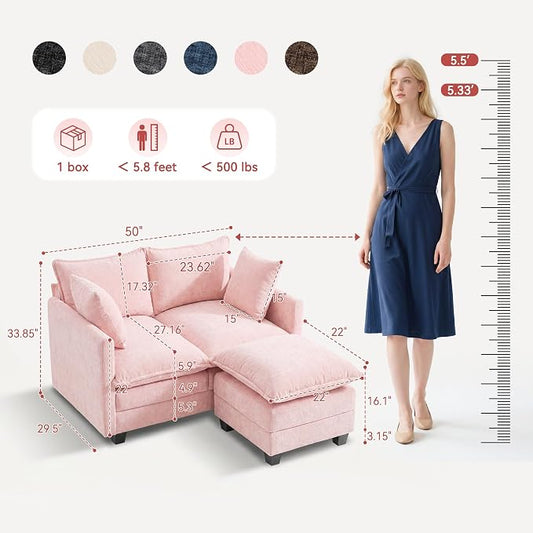 L-Shape Loveseat Sofa Couch with Ottoman, Small 50" Love Seat 27" Deep Cloud Sofa Washable Chenille Pillow for Apartment Bedroom Dorm Attic Studio Office Living Room Small Space 8833-PINK-L