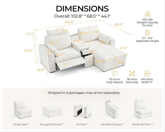 102.8'' Loveseat Power Recliner Sofa with Headrest, Oversized Cloud Modular Sectional Couch with Table, Drawer, Charging, 3-Seater with Storage Ottoman for RV Home Theater, Chenille, White