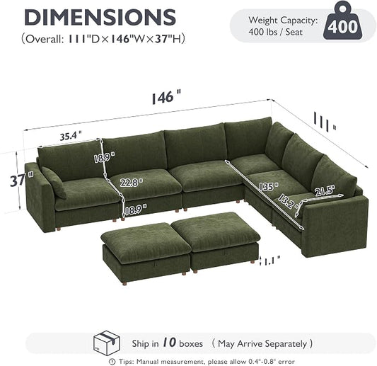 Ihanherry 146" Oversized Modular Sectional Sofa, Modern V Shaped Cloud Couch with 2 Storage Ottoman, 8-Seat Comfy Chenille Deep Seat Sofa with 2 Pillows for Living Room, Green