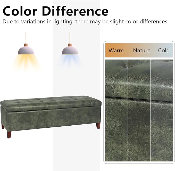 Joveco Storage Ottoman Bench, 51 Inch Tufted Leather Rectangle Bench for End Foot of Bed, Bedroom, Living Room, Deep Green