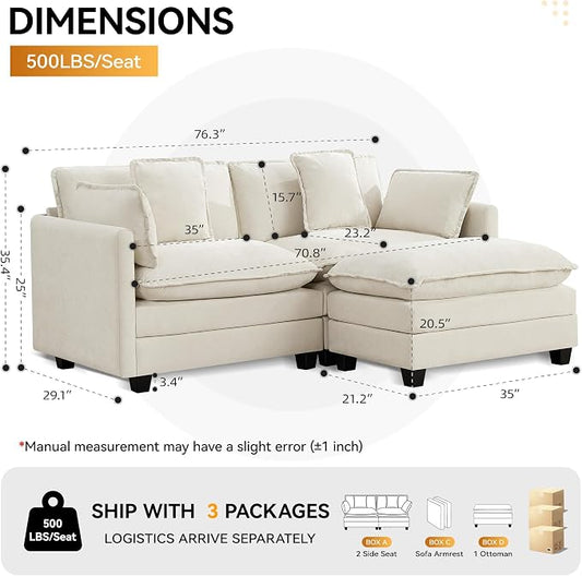 76'' Cloud Deep Seat Loveseat, Upholstered Chenille Modular 2-Seats Sectional Sofa Couch, Modern Comfy Settee Loveseat for Living Room Set, Small Apartment, Beige