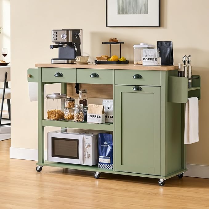ONBRILL 56" Kitchen Island with Drop Leaf, Rolling Kitchen Cart with Trash Cabinet, Power Outlet, 2-Tier Open Shelves, 3 Drawers, Spice & Paper Towel Racks, 6 Wheels (4 Locking) for Dining Room, Green