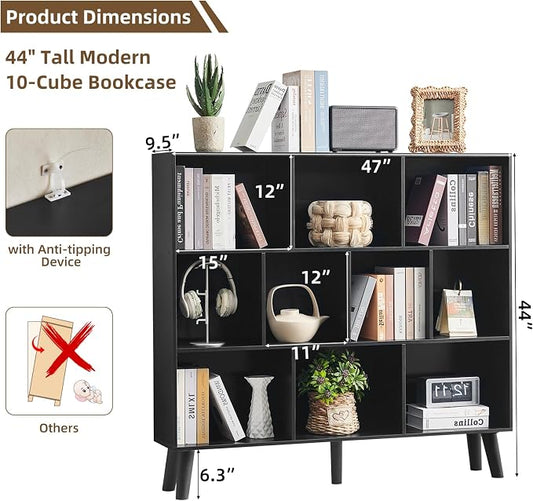 LEYAOYAO 10 Cube Bookshelf,3 Tier Modern Wide Bookcase with Legs,Mid-Century Wood Bookshelves Storage,Black Large Book Case,Freestanding Organizer Display Shelf for Bedroom,Living Room,Office
