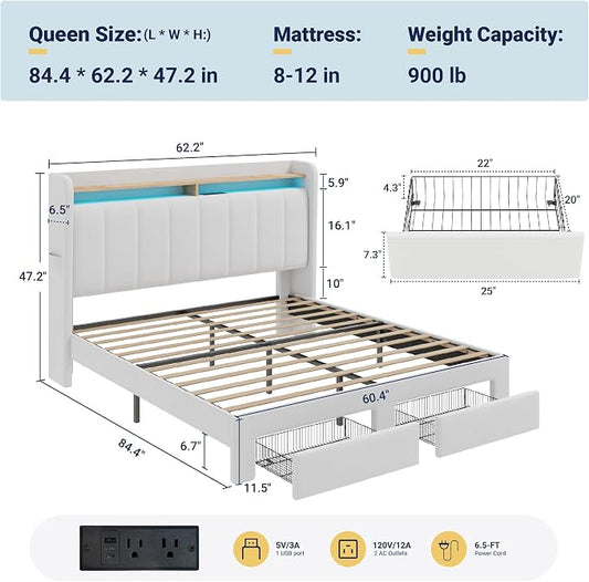 Allewie Velvet Vertical Tufted Queen Upholstered Platform Bed Frame with 2-Tier LED Storage Headboard & 2 Storage Drawers, USB & Type-C Charging Ports, Noise-Free/No Box Spring Needed, White