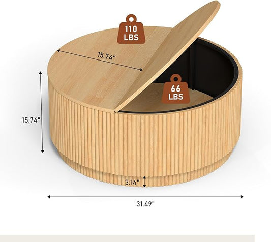 LEVNARY 31.5" Round Coffee Table with Storage, Boho Coffee Tables with Fluted Base, Wooden Circle Accent Center Table for Living Room Small Space Apartment Office (Natural)