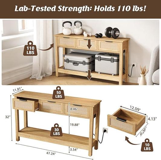 Luoxiao Entryway Table with Outlets & USB-C, 3 Drawers Rattan Console Table | Narrow Entry Table with Open Shelf, Anti-Tip, Easy Assembly, Boho Front Entrance Hallway Foyer Storage, 47 Inch, Natural Wood