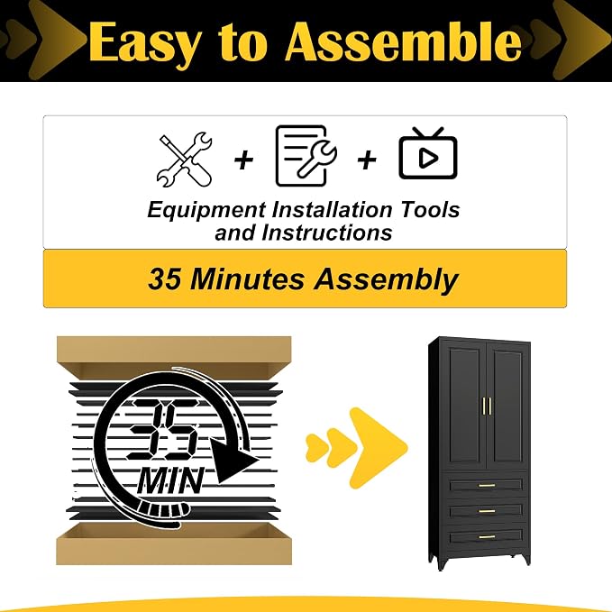 SteeLoong 75" Kitchen Pantry Cabinet with 3 Drawers,Metal Storage Cabinets with Doors and 2 Adjustable Shelves,Black Kitchen Cabinet with 2 Gold Handles,Food Cupboard for Livingroom, Bathroom,Pantry