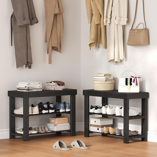NEWBULIG Shoe Rack Bench, 3-Tier Bamboo Shoe Organizer, Wooden Entryway Storage Bench, 286 lb Load Capacity, 11.2x27.6x17.9 Inches, for Entryway Bathroom Bedroom Balcony, Black