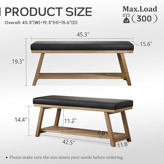 Zihanhome 45" Entryway Bench Upholstered Storage Bench for Bedroom Shoe Rack Bench for Living Room, Hallway, Mudroom, Balcony, Sturdy Indoor Bench Seat Holds Up to 300 lbs (PU-Black)