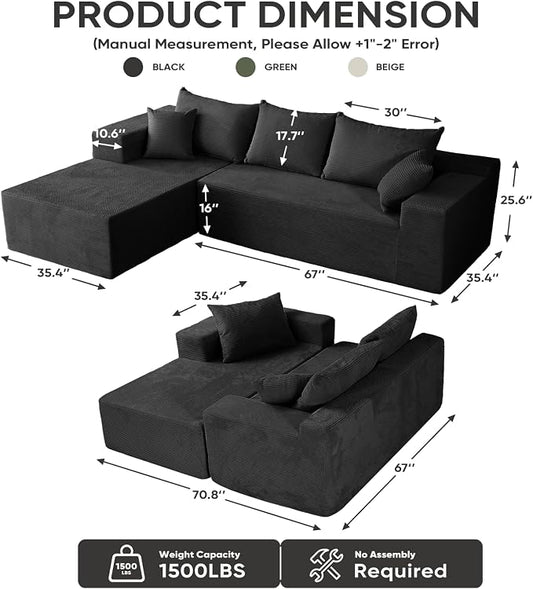 Boneless Couch, 102.4" Sectional Couches for Living Room with L Shape Sofa | Cloud Couch Sectional with Chaise, Modular Cloud Sofa with Deep Seat, No Assembly, Black, Corduroy, Left Chaise