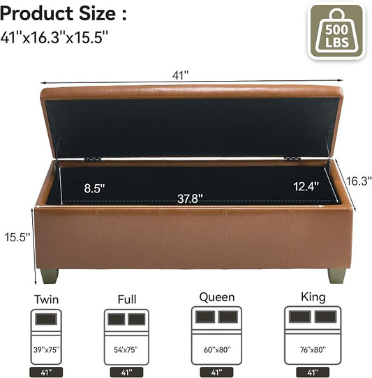 WUTUTUEE 41" Faux Leather Storage Ottoman, Stitch Tufted Rectangle Upholstered End of Bed Storage Bench, Entryway Large Couch Ottoman with Wooden Legs, Light Brown
