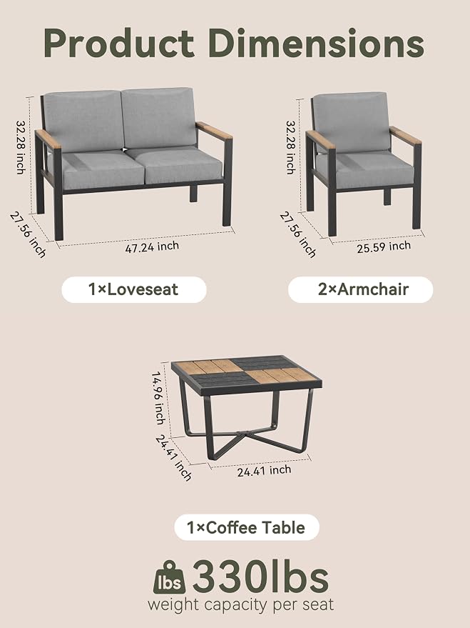 4-Piece Patio Furniture Set with Coffee Table & Removable Washable Cushions, All-Weather Metal Frame and Wood-Like Armrests for Porch, Garden, Balcony,Grey