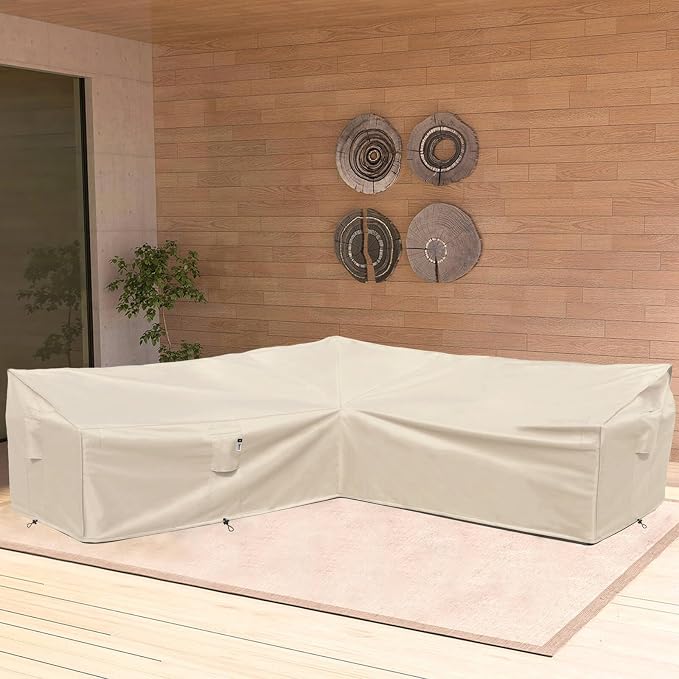 Outdoor Sectional Cover, Waterproof 600D Oxford Lawn Patio Furniture Covers, Patio Sectional Couch Cover, (Natural Beige,V-Shaped-115 x115)