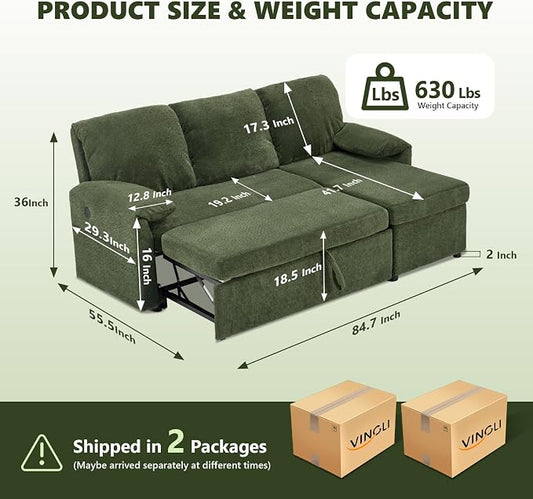 VINGLI Sectional Sleeper Sofa with Pull Out Couch Bed, 85 Inch L-Shaped Convertible Sofa Bed, 5 Seat Modular Sectional Couches for Living Room with Storage Chaise, USB Charging, Side Pockets