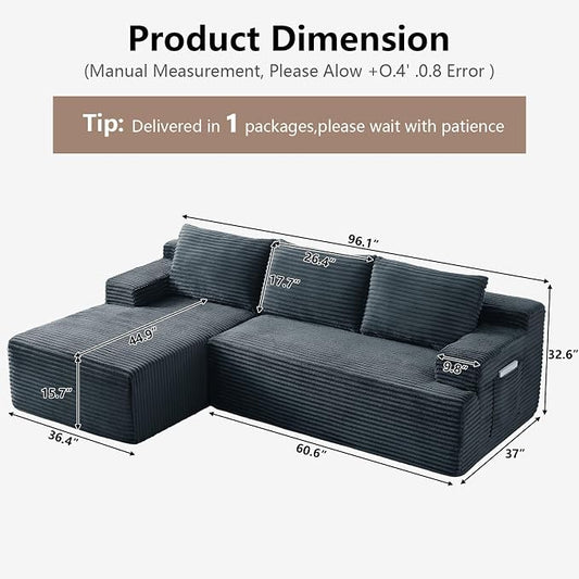 96" Cloud Sectional Couch with L-Shape Chaise, Modular Comfy Sofa Chaise Longue, Upholstered Corduroy Couches Sleeper with Deep Seat for Living Room Bedroom, No Assembly Required(Grey, Left Facing)