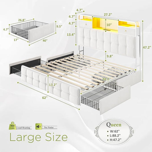 EnHomee Queen Bed Frame with 6 Storage Drawers and 2-Tier Velvet Upholstered Headboard,Modern Bed Frame with LED Lights&Charging Station,No Box Spring Needed,Noise-Free, Easy Assembly,Sturdy,Beige