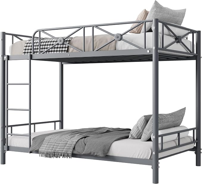 Garvee Metal Bunk Bed Twin Over Twin, Industrial Bunkbeds Heavy Duty Bed with Safety Guard Rails and Space-Saving Design, Steel Bed for School, Bedroom, Grey