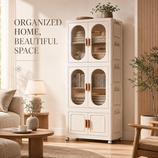 2-Tier Hanging Foldable Closet with Storage Bin, 3-Tier Portable Armoire Organizer, Modular Folding Cabinet with Doors & Wheels for Nursery Room Organization, Clear