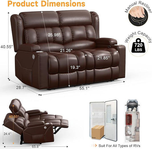 Loveseat Recliner Sofa, Wall Hugger RV Reclining Loveseat RV Couch with USB Ports, Large Pockets, Cup Holders, 150° Adjustable RV Recliners Furniture for Travel Trailers & Home Theater Seating
