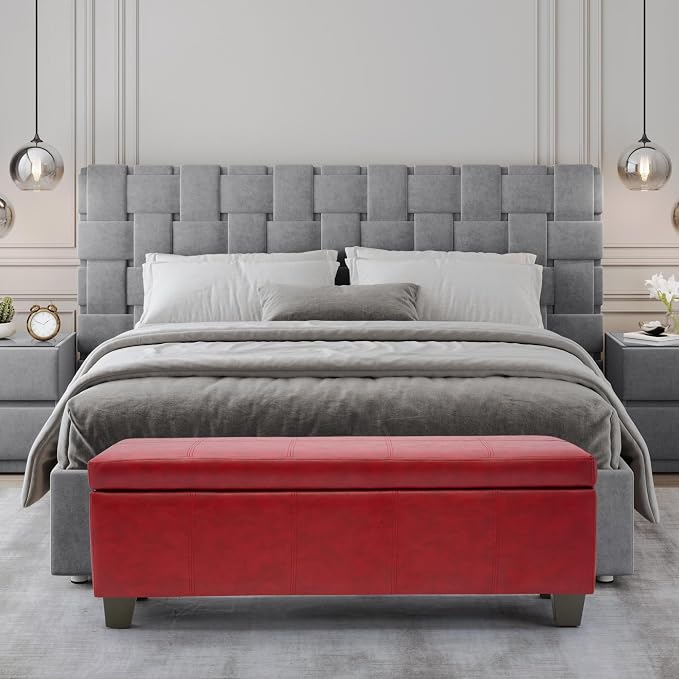 51 Inch Storage Ottoman, Storage Bench with Safety Hinge, Upholstered Synthetic Leather Ottoman Bench for Bedroom, Living Room, Entryway, Hallway, Foot Rest, Support 500lbs