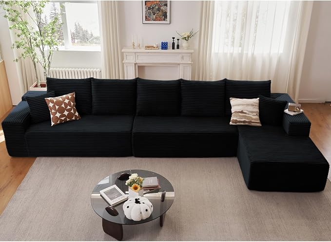 166.9" Cloud Sectional Couch with L-Shape Chaise, Upholstered Corduroy Couches Sleeper with Deep Seat, Modern Modular Comfy Sofa Chaise Longue for Living Room Bedroom, No Assembly Required, Black