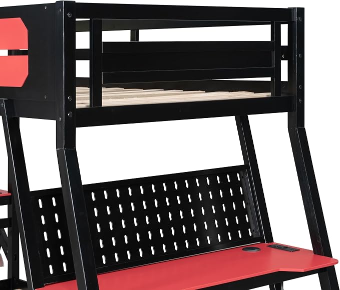 Merax Wooden Twin Over Twin Bunk Bed with 2 Side Desks, USB Desktop Ports and Pegboard Organizer, Gaming Bunk Bed for Gamer, Kids or Teens, No Box Spring Needed, Red