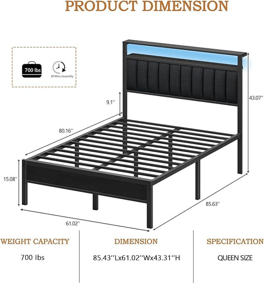 Furnulem Queen Size Bed Frame with Charging Station and LED Lights, Platform Bed with Metal Slats, Grey Upholstered Headboard with 2-Tier Storage Shelves, No Box Spring Needed