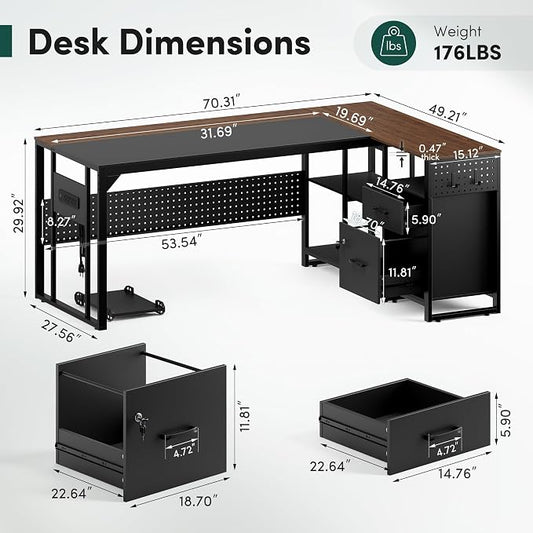 MALOL 70.3" L-Shaped Office Desk, Reversible L-Shaped Computer Desk with Power Outlet, Large Executive Desk with Locked File Drawers & Storage Shelves, Pegboard, Mobile CPU Stand, Modern Corner Desk