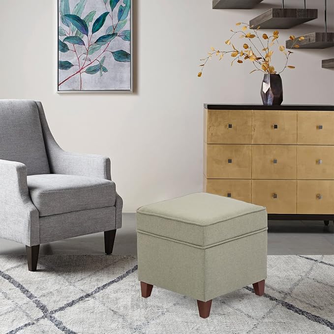 Adeco Fabric Ottoman with Storage Chest and Footrest - Square Seat, Light Brown
