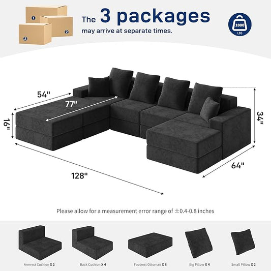 Living&Giving 128" U-Shaped Cloud Sectional Couch for Living Room, Cloud Boneless Couch-No Assembly with Reversible Chaise, Customizable 4-Seat Modular Sectional Sofa with 3 Ottoman, Black
