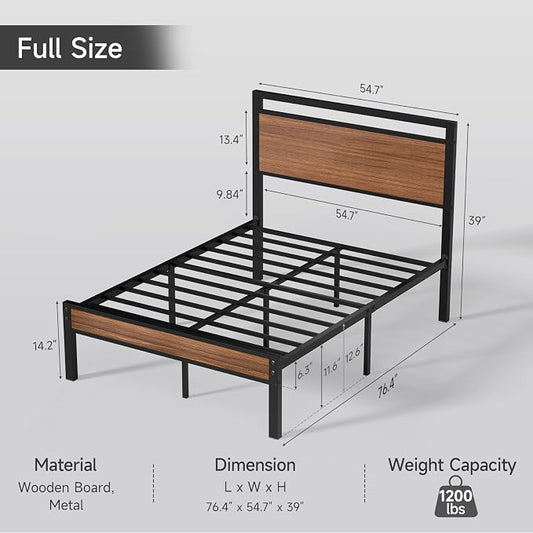 Z-hom Full Metal Bed Frame with Wooden Headboard and Footboard, Heavy Duty Platform Frame with Metal Slats, No Box Spring Needed, Quiet and Non-Slip Design, Space Saving Bed Frame for Bedroom,Walnut