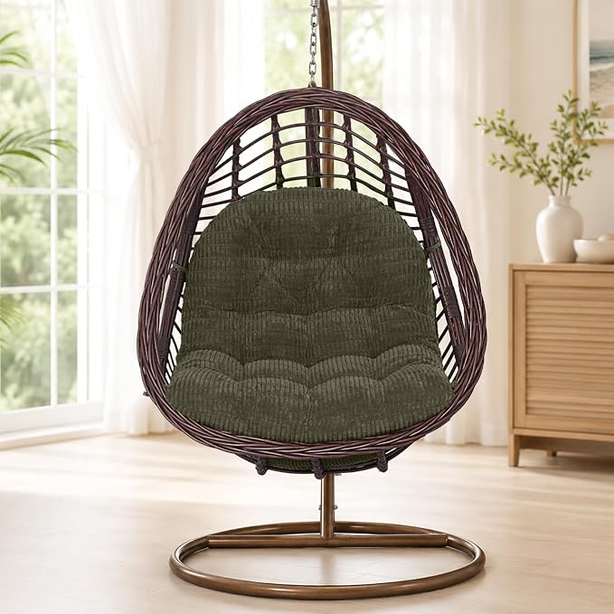 idee-home Egg Chair Cushion Replacement, Tufted Hanging Egg Chair Cushions | Oversized Wicker Swing Cushion with Corduroy Cover for Indoor Hammock Basket Chair, Green (Chair Not Included), 48x32 Inch